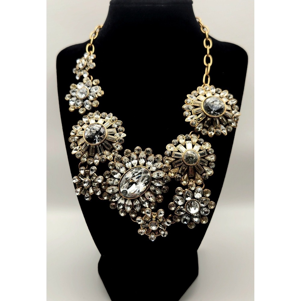 J Crew Crystal Statement Necklace Gold Tone Floral Bib Rhinestone Vintage Style
